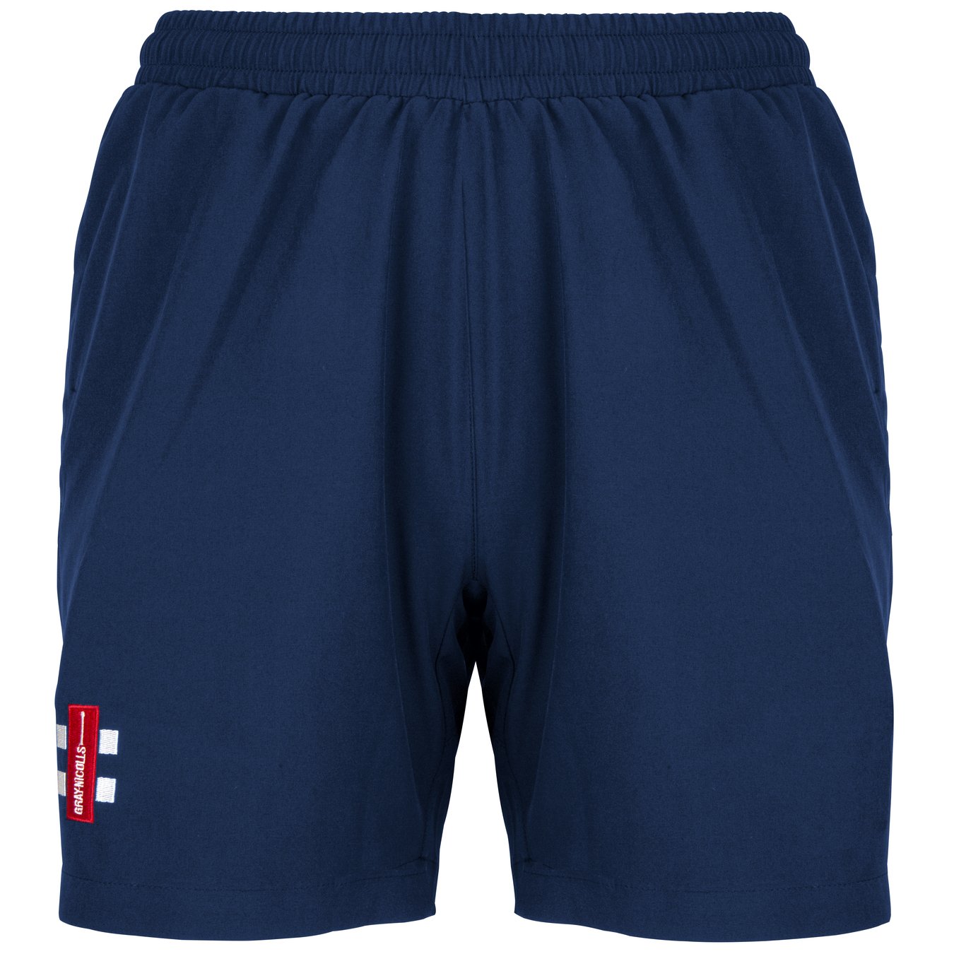 Gray Nicolls Velocity Ladies Shorts feature an elastic waistband, comfortable mesh lining, side pockets, and a small red and white logo patch on the lower left leg. Color: Navy. Brand: Gray Nicolls.