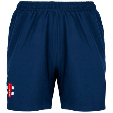 Gray Nicolls Velocity Ladies Shorts feature an elastic waistband, comfortable mesh lining, side pockets, and a small red and white logo patch on the lower left leg. Color: Navy. Brand: Gray Nicolls.