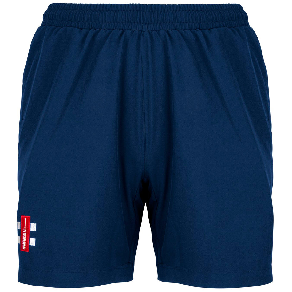 Gray Nicolls Velocity Ladies Shorts feature an elastic waistband, comfortable mesh lining, side pockets, and a small red and white logo patch on the lower left leg. Color: Navy. Brand: Gray Nicolls.