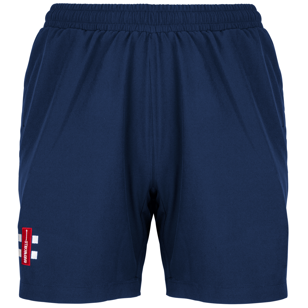 Gray Nicolls Monmouth CC Velocity Shorts Women's in navy blue feature an elastic waistband and a red-and-white patch with three white stripes near the left hem—ideal training shorts for Monmouth CC athletes.