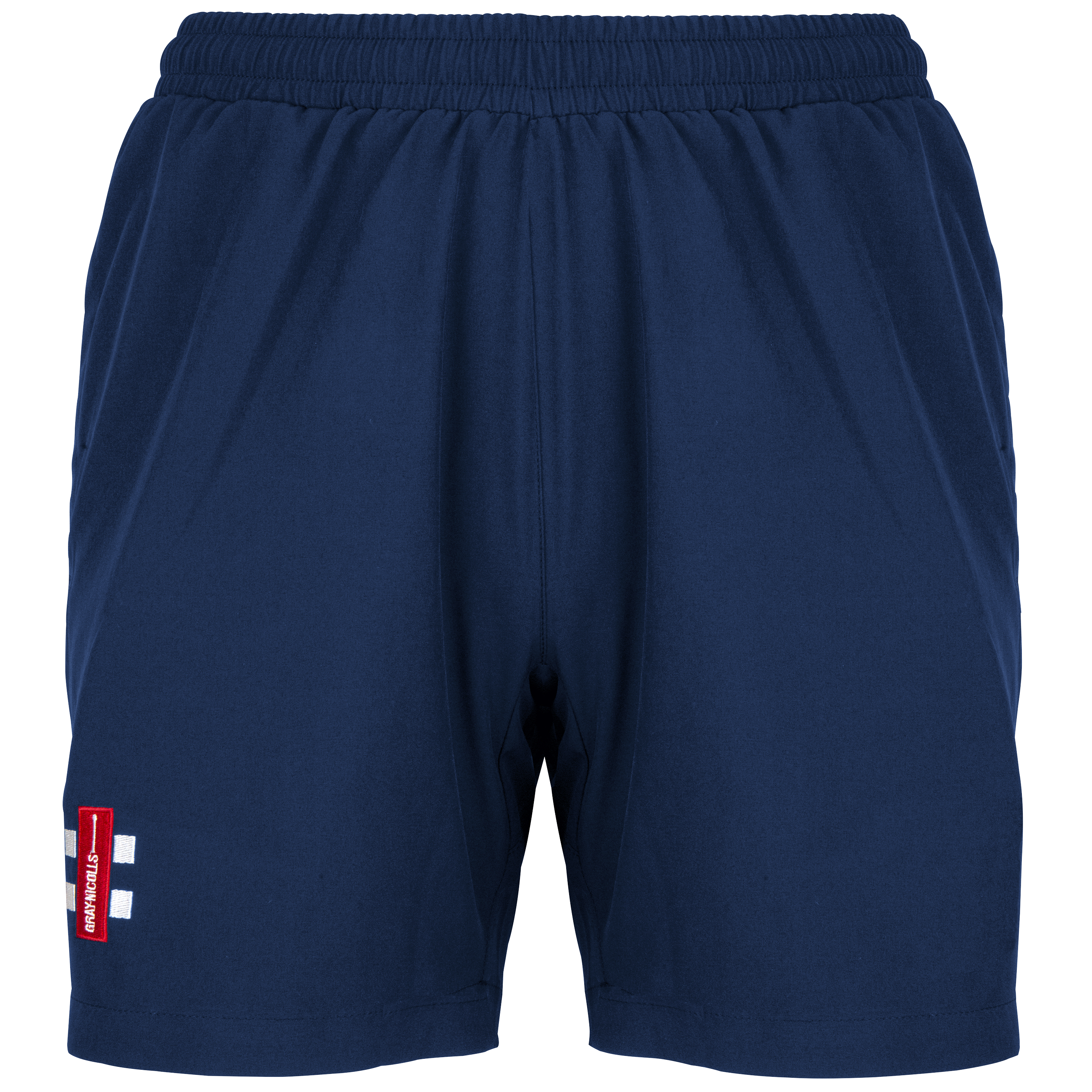 Gray Nicolls Monmouth CC Velocity Shorts Women's in navy blue feature an elastic waistband and a red-and-white patch with three white stripes near the left hem—ideal training shorts for Monmouth CC athletes.
