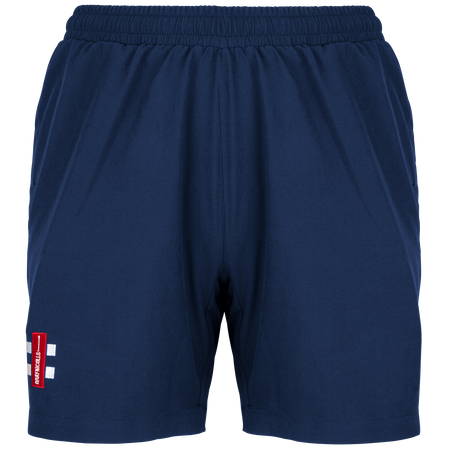 Gray Nicolls Monmouth CC Velocity Shorts Women's in navy blue feature an elastic waistband and a red-and-white patch with three white stripes near the left hem—ideal training shorts for Monmouth CC athletes.