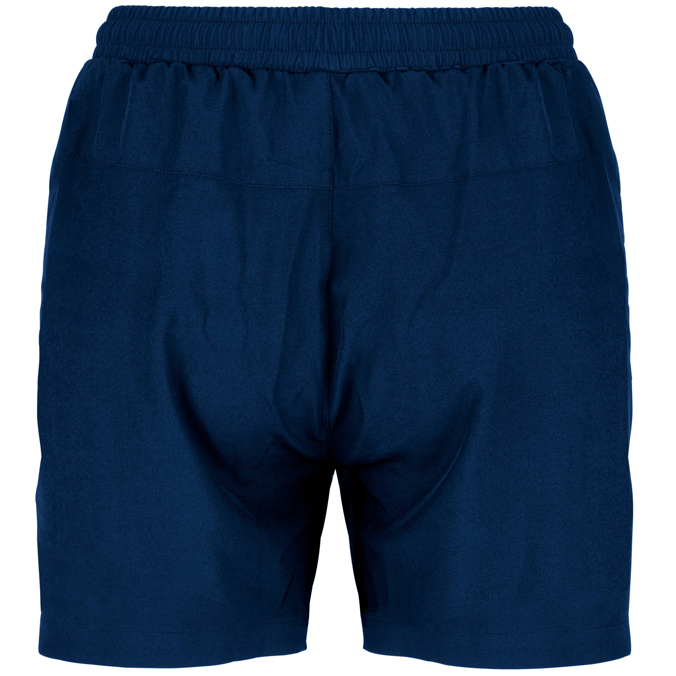 The Gray Nicolls Monmouth CC Velocity Shorts Women's, shown in navy blue with an elastic waistband, are ideal training shorts for Monmouth CC workouts—displayed from the back against a white background.