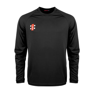 The Gray Nicolls Matrix V2 Long Sleeve T-Shirt is a black athletic shirt with moisture-wicking fabric and a red and white geometric chest logo, ideal for training. Displayed against a plain white background.