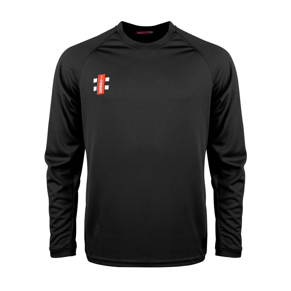The Gray Nicolls Penallt & Redbrook CC Matrix V2 L/S T-Shirt is ideal for cricket training, featuring moisture wicking fabric and a small red and white logo on the upper left chest, displayed against a white background.