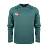 The Gray Nicolls Matrix V2 Long Sleeve T-Shirt is a green athletic top with a crew neck, moisture-wicking fabric, and a small red and white logo on the left chest—ideal for active training.