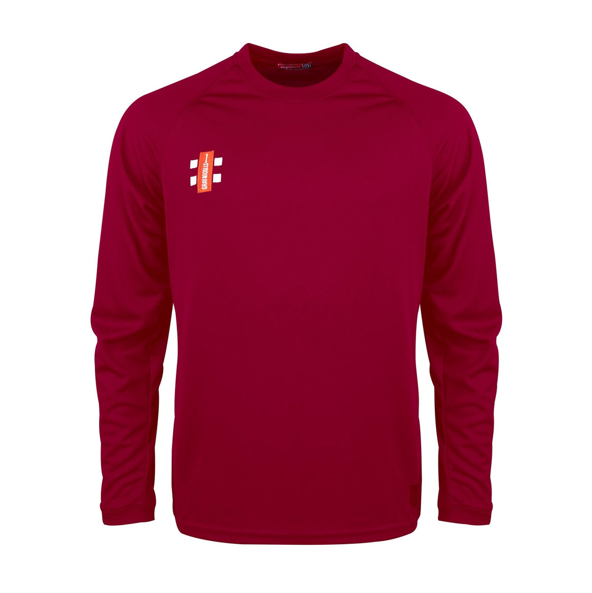 The Gray Nicolls Matrix V2 Long Sleeve T-Shirt is a maroon athletic top with moisture wicking fabric and a small red and white logo on the upper left chest, ideal for training. Shown against a white background.