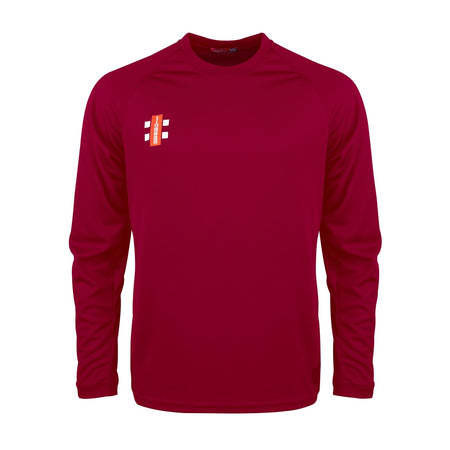 The Gray Nicolls Matrix V2 Long Sleeve T-Shirt is a maroon athletic top with moisture wicking fabric and a small red and white logo on the upper left chest, ideal for training. Shown against a white background.