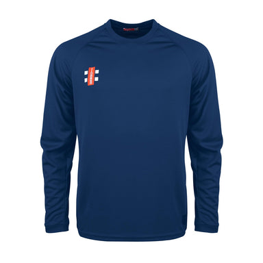 The Gray Nicolls Matrix V2 Long Sleeve T-Shirt is a navy athletic top with moisture wicking fabric and a small red and white logo on the upper left chest, shown on a white background. Ideal for active training sessions.