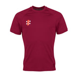 The Gray Nicolls Matrix V2 T-Shirt is a maroon short-sleeve athletic tee with a small white and red logo on the left chest, featuring a crew neck, fitted design, and moisture management for high intensity training.