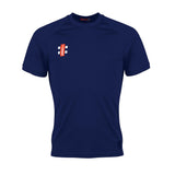 The Gray Nicolls Matrix V2 T-Shirt is a plain navy short-sleeve crew neck with a small red and white logo on the left chest. Designed with moisture management, it's ideal for high intensity training and features no other visible designs.