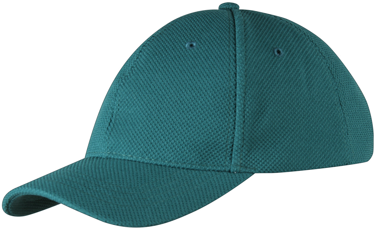 The Gray Nicolls Rockhampton CC Cricket Cap is teal green with a curved brim, made from textured fabric. It features stitched panels, small ventilation holes on top, and is inspired by classic Rockhampton CC cricket caps.
