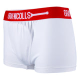 The Women's Cover Point Trunks by Gray Nicolls are white cricket underwear with a red waistband, showcasing the GRAY-NICOLLS logo and a white cricket bat graphic, presented on a plain background.