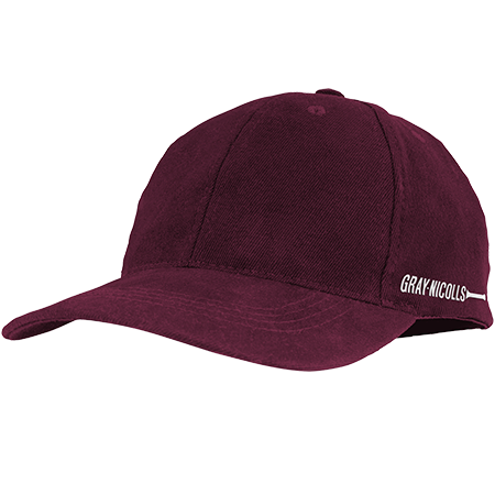 The Gray Nicolls Pro Fit Cap features a maroon color, curved brim, and white "GRAY-NICOLLS" text on the side. Ideal as an adult cricket or sports cap, it offers everyday comfort and style. Set against a light background.