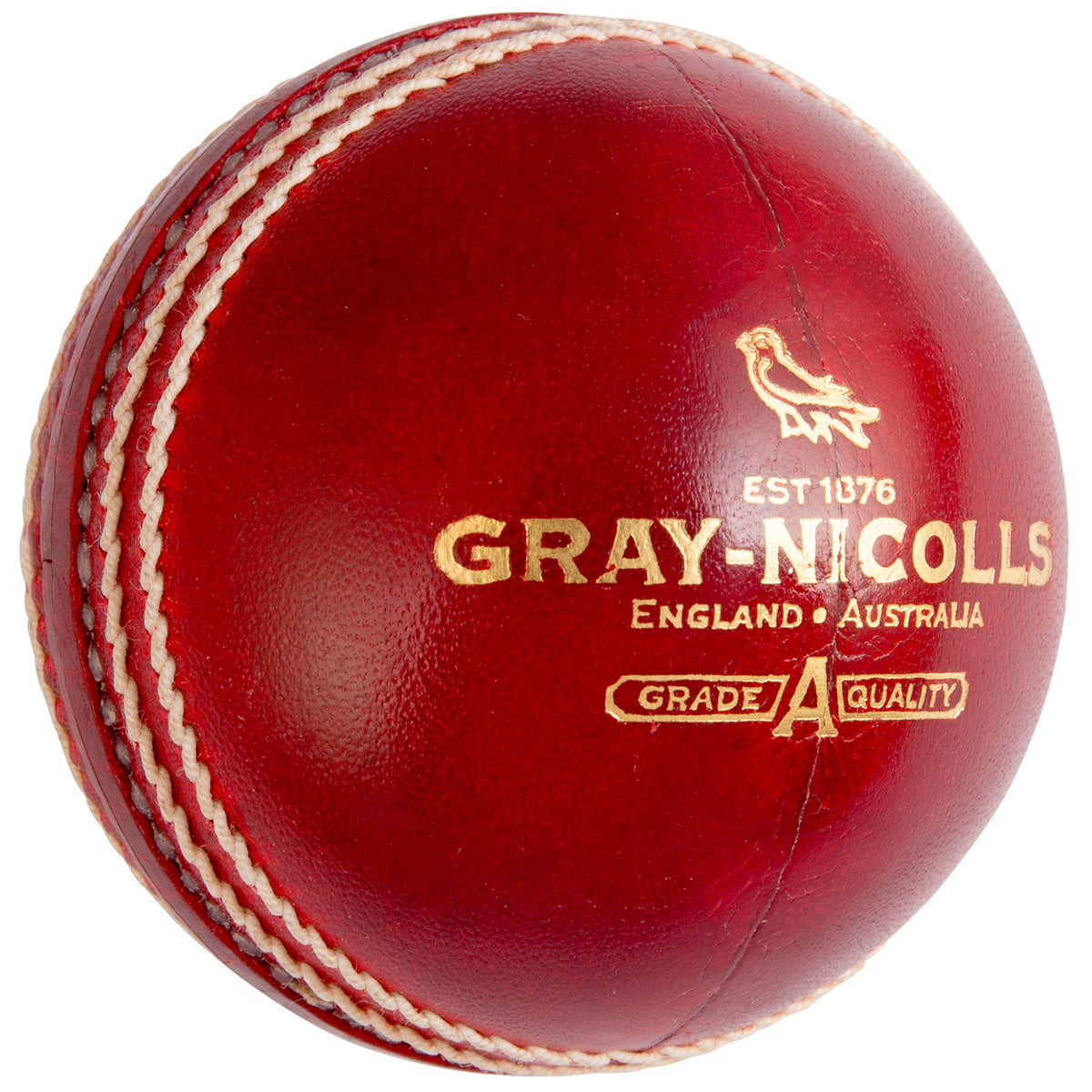 The Gray Nicolls Crown 5 Star Cricket Ball - Senior is a red leather match ball with white stitching, displaying the Gray Nicolls logo and gold Grade A Quality text—ideal as a grade 1 cricket ball.