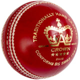 The Gray Nicolls Crown 5 Star Cricket Ball - Senior features red leather, prominent white stitching, gold text, and a crown symbol. Crafted to top standards by Gray Nicolls, this ball is ideal for grade 1 matches.