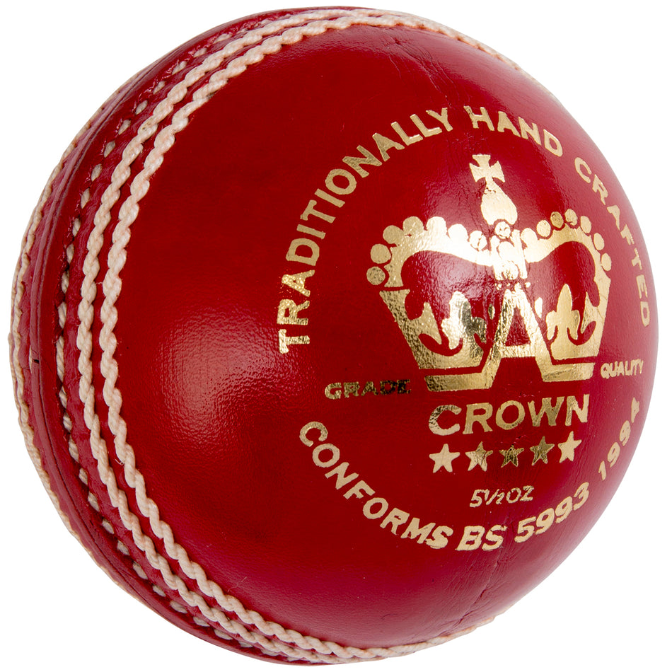 The Gray Nicolls Crown 5 Star Cricket Ball - Senior features red leather, prominent white stitching, gold text, and a crown symbol. Crafted to top standards by Gray Nicolls, this ball is ideal for grade 1 matches.