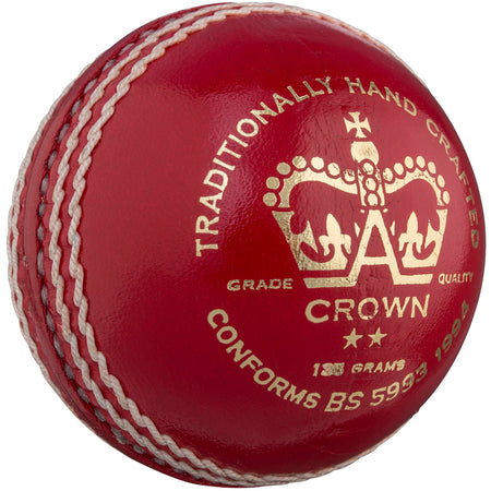 The Gray Nicolls Crown 2 Star Cricket Ball is a red leather ball with white stitching and gold text, featuring a crown logo. Traditionally hand crafted, weighs 156g, ideal for junior cricket, and conforms to BS 5994:1994.
