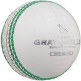 A close-up of a Gray Nicolls Crown 2 Star Cricket Ball in white, crafted from premium Pakistani leather and featuring the Gray Nicolls brand name in silver on the surface.