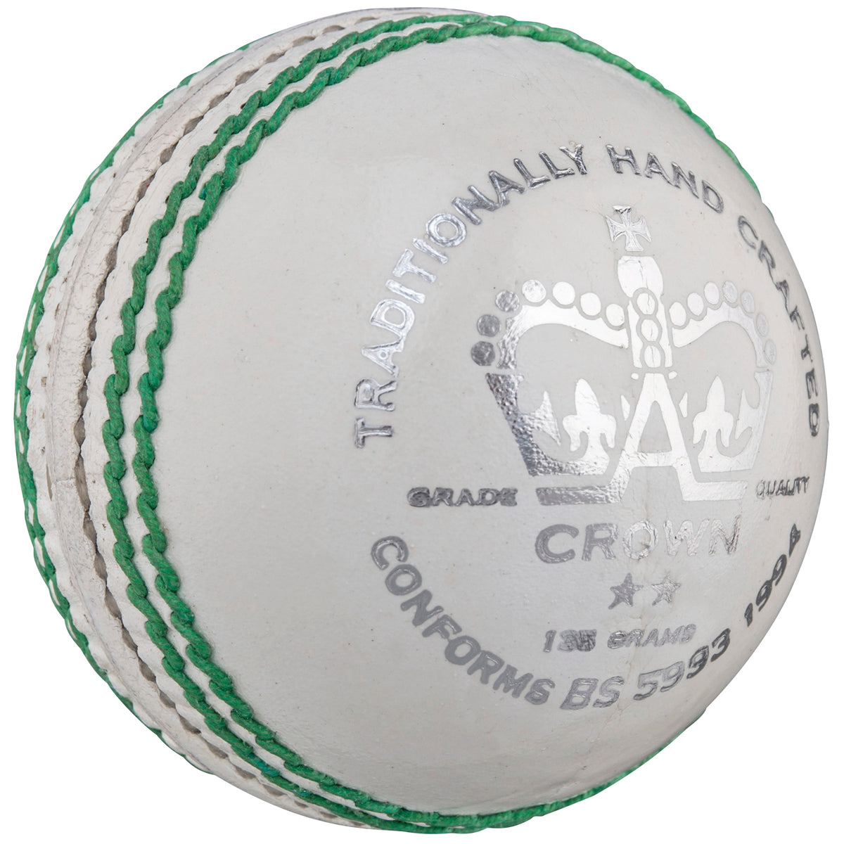 The Gray Nicolls Crown 2 Star Cricket Ball is made from premium Pakistani leather with green stitching, silver text, a crown logo, and "Traditionally Hand Crafted"—ideal for junior cricket and conforms to BS 5993:1994 standards.