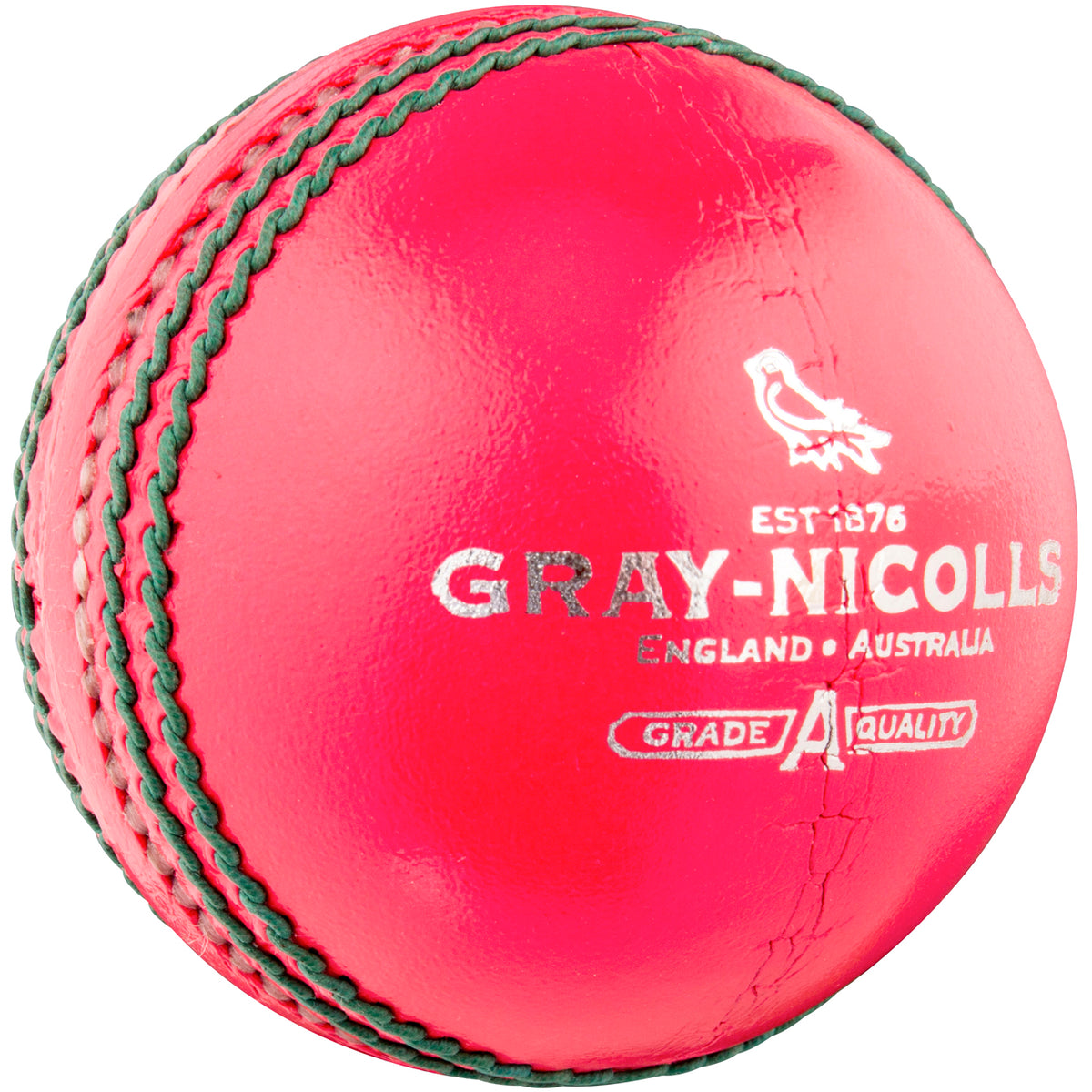 A bright pink Gray Nicolls Crown 2 Star cricket ball made from premium leather, featuring visible stitching, printed brand name, a bird logo, and Grade A quality—ideal for junior cricket players.