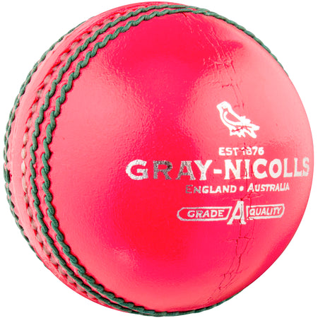 A bright pink Gray Nicolls Crown 2 Star cricket ball made from premium leather, featuring visible stitching, printed brand name, a bird logo, and Grade A quality—ideal for junior cricket players.