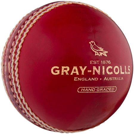 The Gray Nicolls Crown 2 Star Cricket Ball features premium Pakistani leather in red, prominent white stitching, gold “EST 1876, ENGLAND • AUSTRALIA, HAND GRADED” text, the Gray Nicolls logo, and a bird illustration.