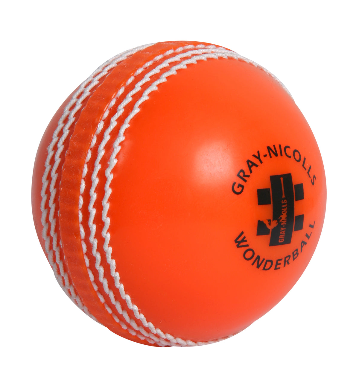 The Gray Nicolls Wonderball is an orange cricket training ball with white stitched seams and the Gray Nicolls logo, perfect for catching practice sessions.