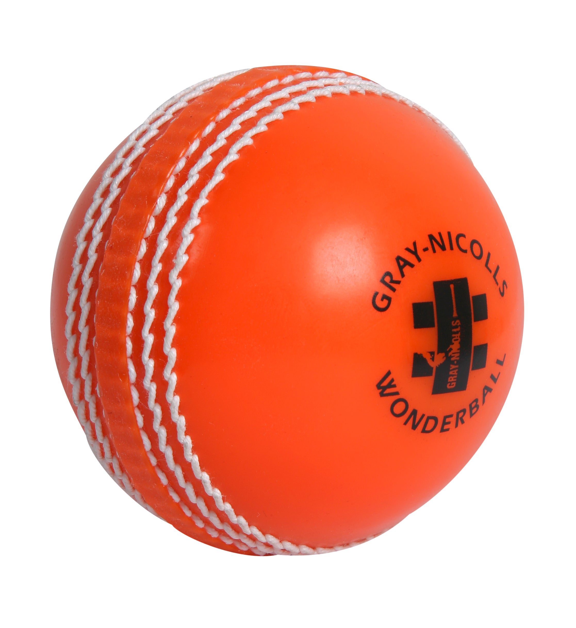 The Gray Nicolls Wonderball is an orange cricket training ball with white stitched seams and the Gray Nicolls logo, perfect for catching practice sessions.