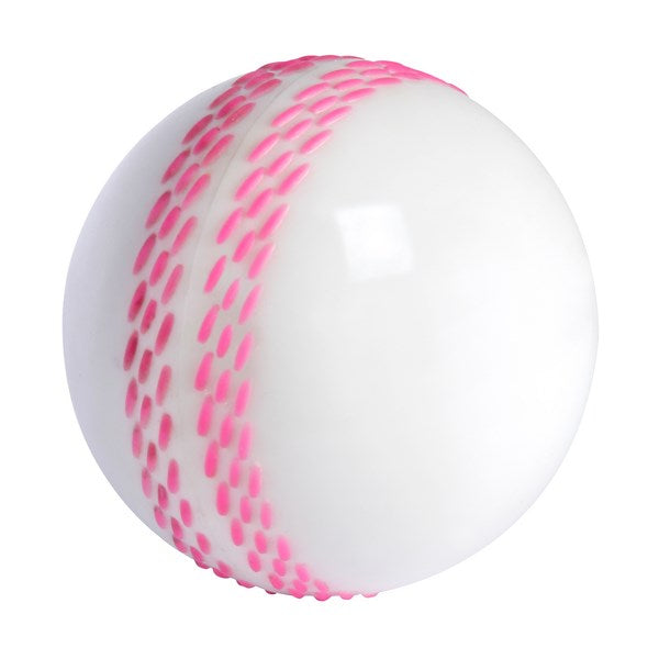 The Gray Nicolls Velocity Ball is a lightweight white cricket training ball featuring two curved rows of bright pink stitches, creating a classic look against a plain white background.