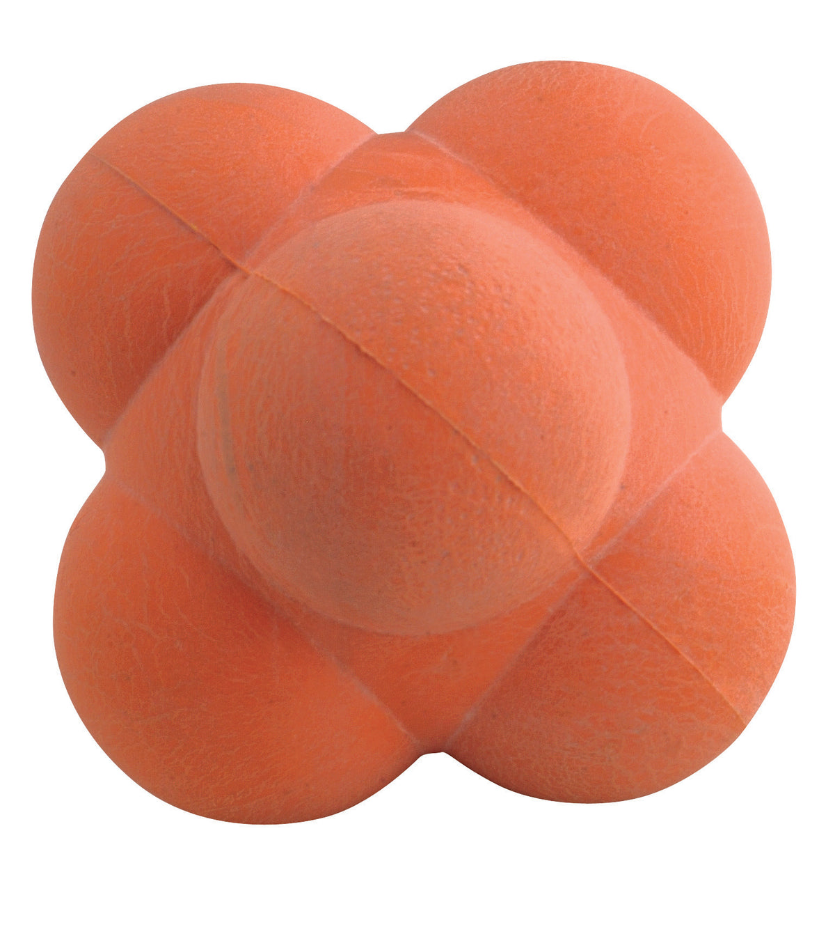 The Gray Nicolls Catch Reactor Ball is an orange rubber ball with a bumpy, irregular shape and rounded protrusions, designed to enhance reflex cricket fielding training by improving agility and catching skills.