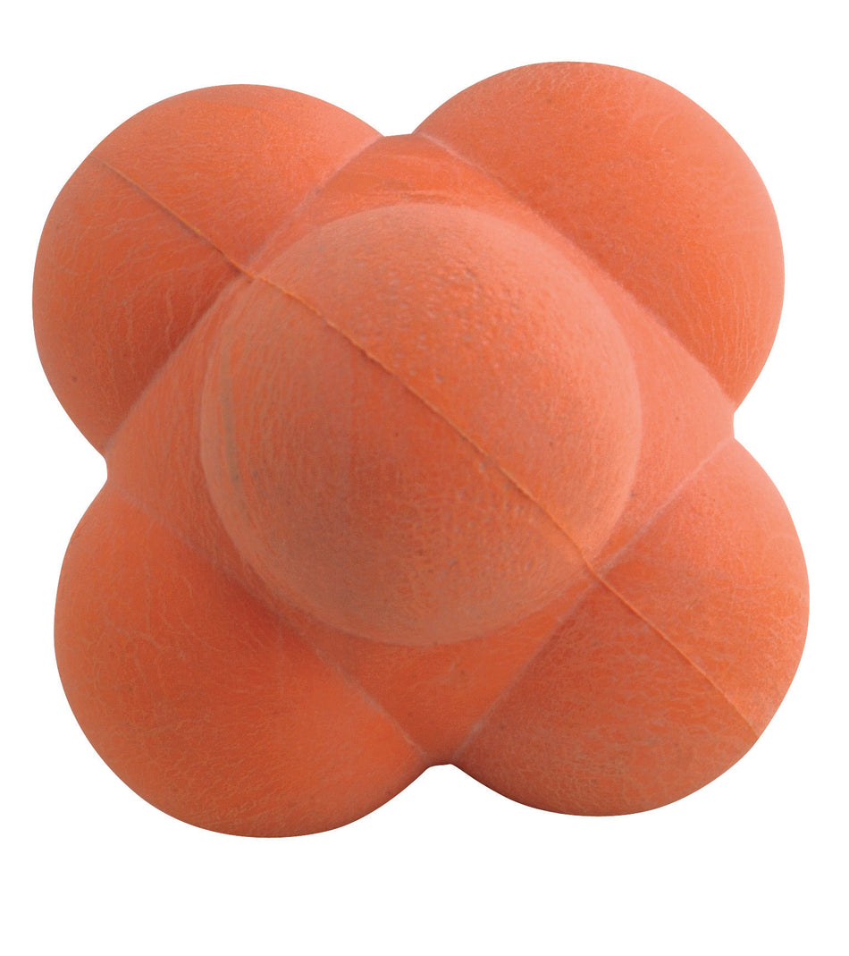 The Gray Nicolls Catch Reactor Ball is an orange rubber ball with a bumpy, irregular shape and rounded protrusions, designed to enhance reflex cricket fielding training by improving agility and catching skills.