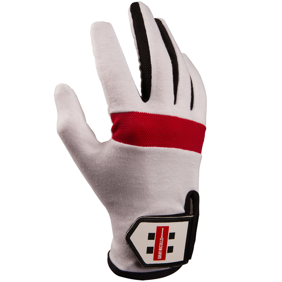 The Gray Nicolls Players Full Inner Glove is a white glove with a red stripe on the back, black trim and finger detailing, palm facing away, and a rectangular Gray Nicolls logo patch on the wrist.