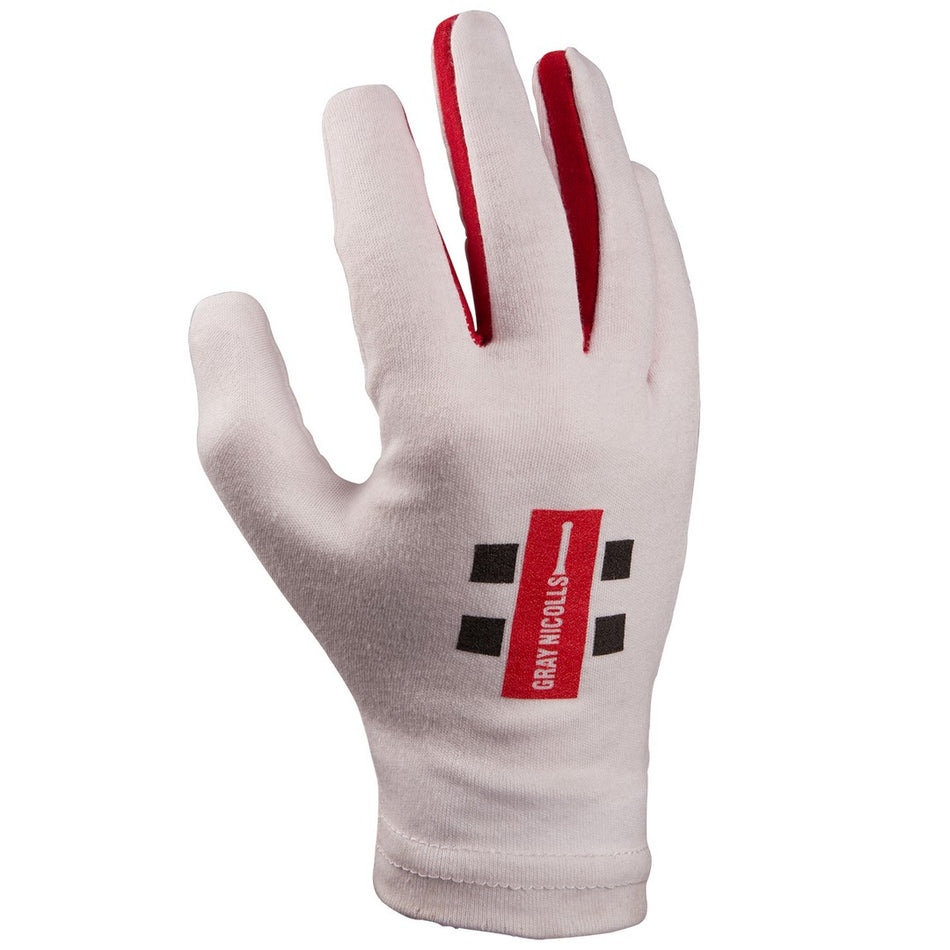 The Gray Nicolls Pro Full Finger Batting Inners are crafted from premium soft cotton, featuring a white design with a red stripe between the middle and ring fingers, plus a red and black Gray Nicolls logo on the back.