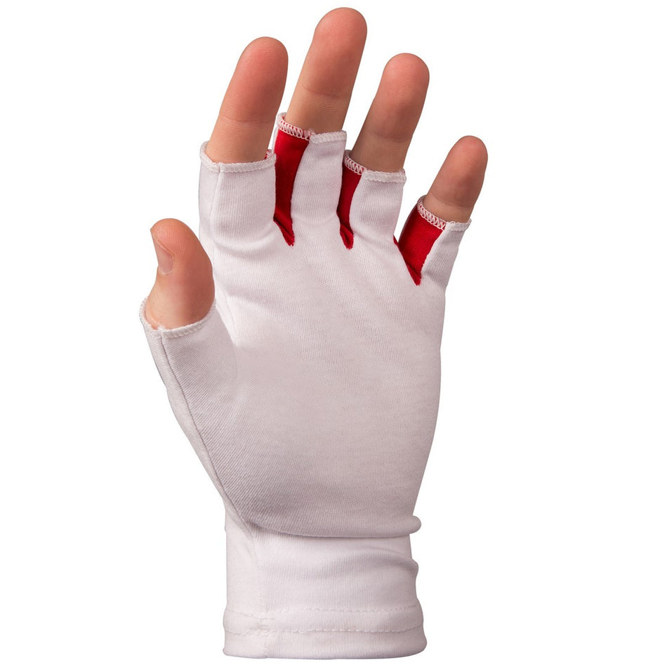 A left hand wears Gray Nicolls Pro Fingerless Inners, crafted from premium cotton with exposed fingertips revealing red lining, shown upright against a plain white background.