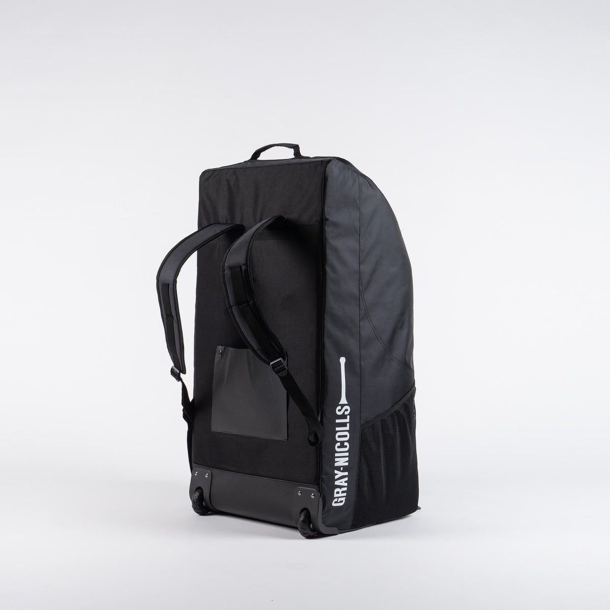 The Gray Nicolls Coach Bag 2026 is a large black bag with backpack straps, a top handle, and the white GRAY-NICOLLS logo on the side. Perfect for organizing coaching gear, it's ideal as a training equipment bag. Shown upright against a plain white background.