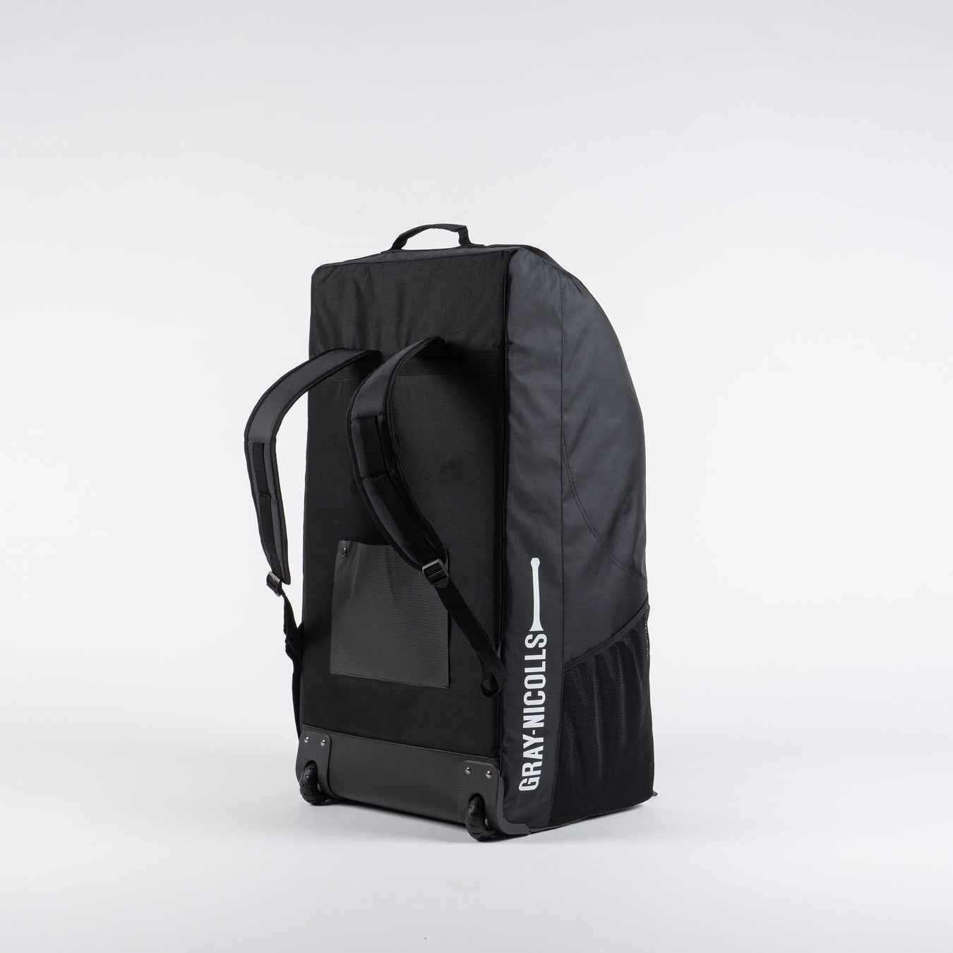 The Gray Nicolls Coach Bag 2026 is a large black bag with backpack straps, a top handle, and the white GRAY-NICOLLS logo on the side. Perfect for organizing coaching gear, it's ideal as a training equipment bag. Shown upright against a plain white background.