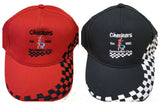 The Checkers Gymnastics Cap by Martin Berrill Sports comes in red and black, featuring a checkered pattern, embroidered text with a gymnast graphic, and an adjustable cotton drill fit—perfect for club fans seeking style and comfort.