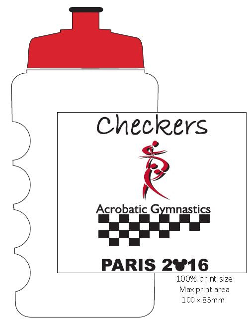A Martin Berrill Sports Customised Branded Water Bottle, featuring your club or school logo, white body with red cap, and a label design similar to the Checkers Acrobatic Gymnastics bottle from Paris 2016.