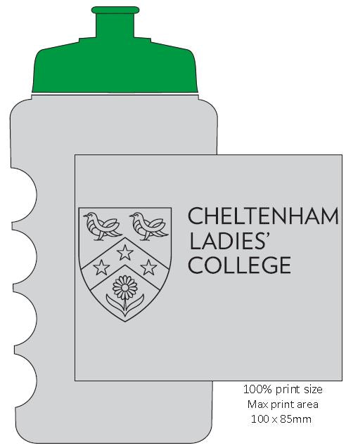 A grey Customised Branded Water Bottle by Martin Berrill Sports with a green cap, featuring your club or school logo and name in black (100 x 85 mm area)—ideal for sports teams or promotional use.