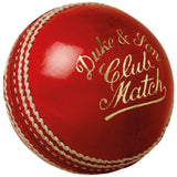 The Dukes Club Match A Cricket Ball (Senior - Red) features white stitching, gold Duke & Son Club Match text, and premium red leather—perfect for senior cricket matches.