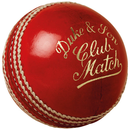 The Dukes Club Match A Cricket Ball (Senior - Red) features white stitching, gold Duke & Son Club Match text, and premium red leather—perfect for senior cricket matches.