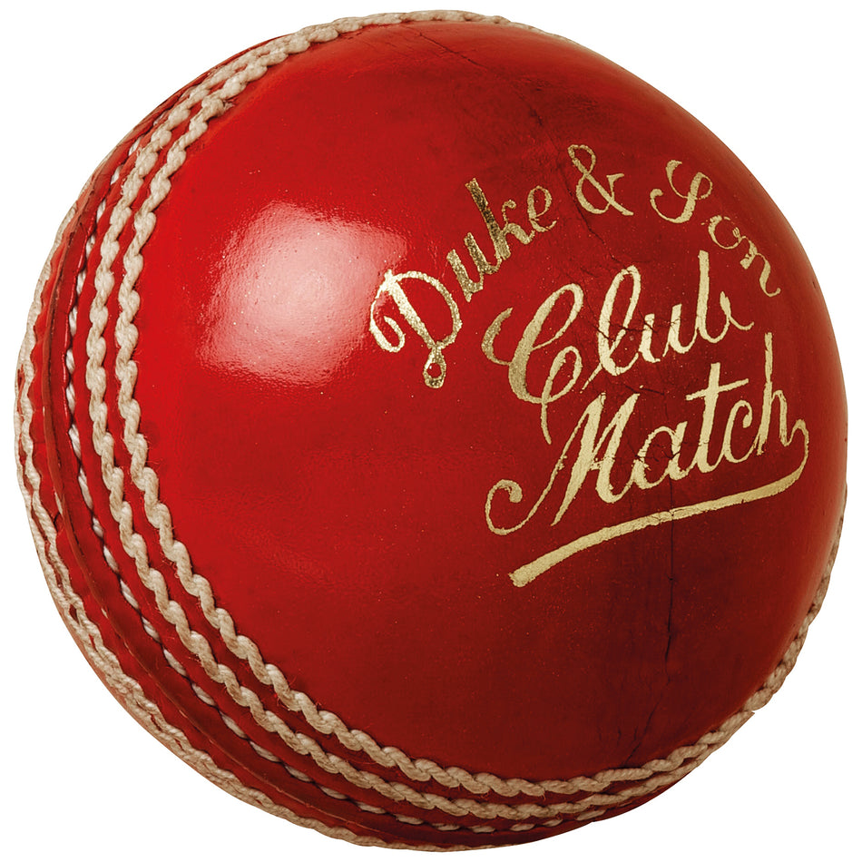 The Dukes Club Match A Cricket Ball (Senior - Red) features white stitching, gold Duke & Son Club Match text, and premium red leather—perfect for senior cricket matches.