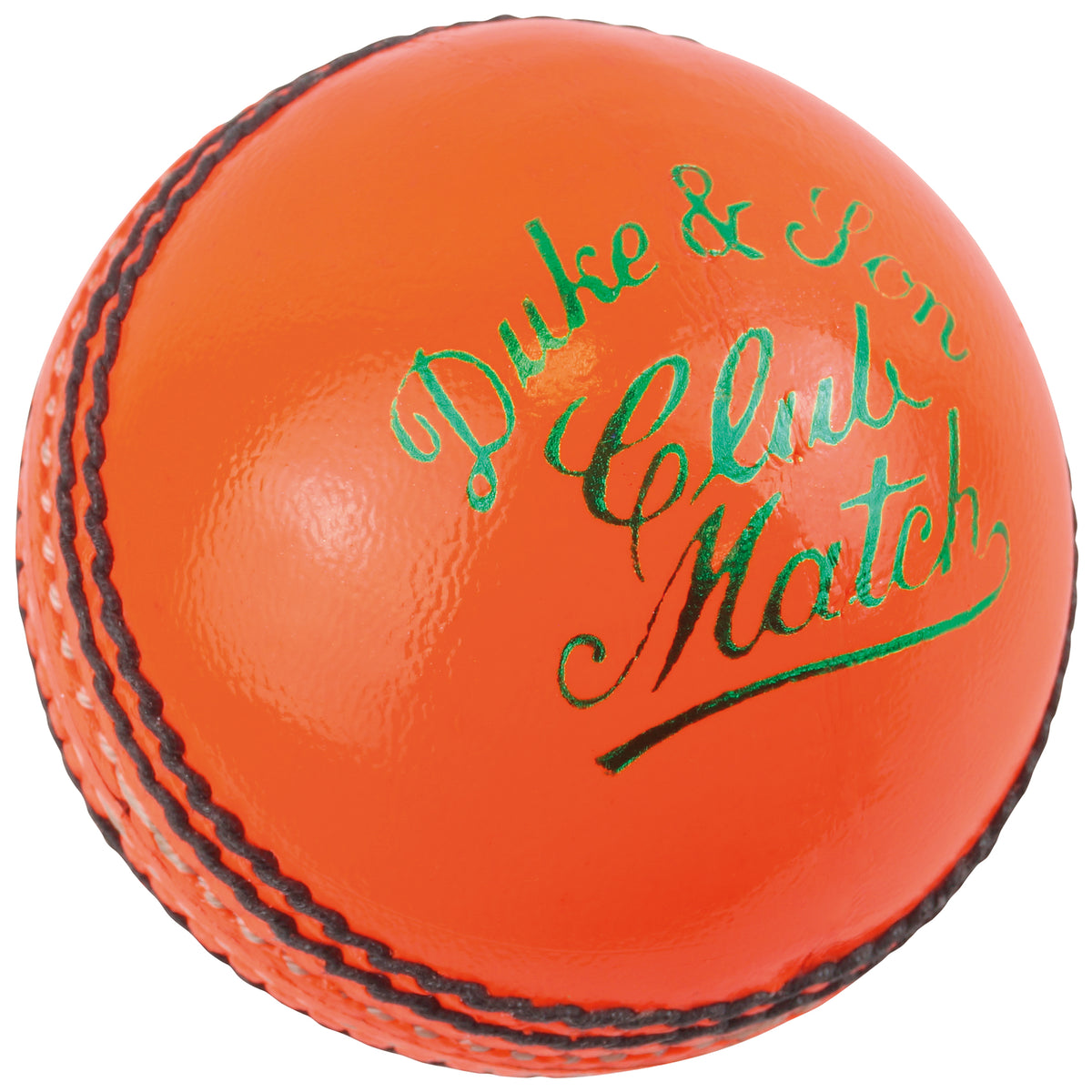 The Dukes Club Match A Cricket Ball (Senior - Orange) features a bright orange leather surface, black stitched seams, and green "Duke & Son Club Match" text. Brand: Dukes.