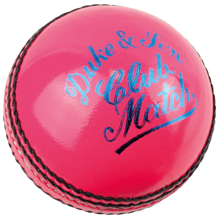 The Dukes Club Match A Cricket Ball (Senior - Pink) by Dukes features durable pink leather with black stitching and is ideal for senior cricket matches.