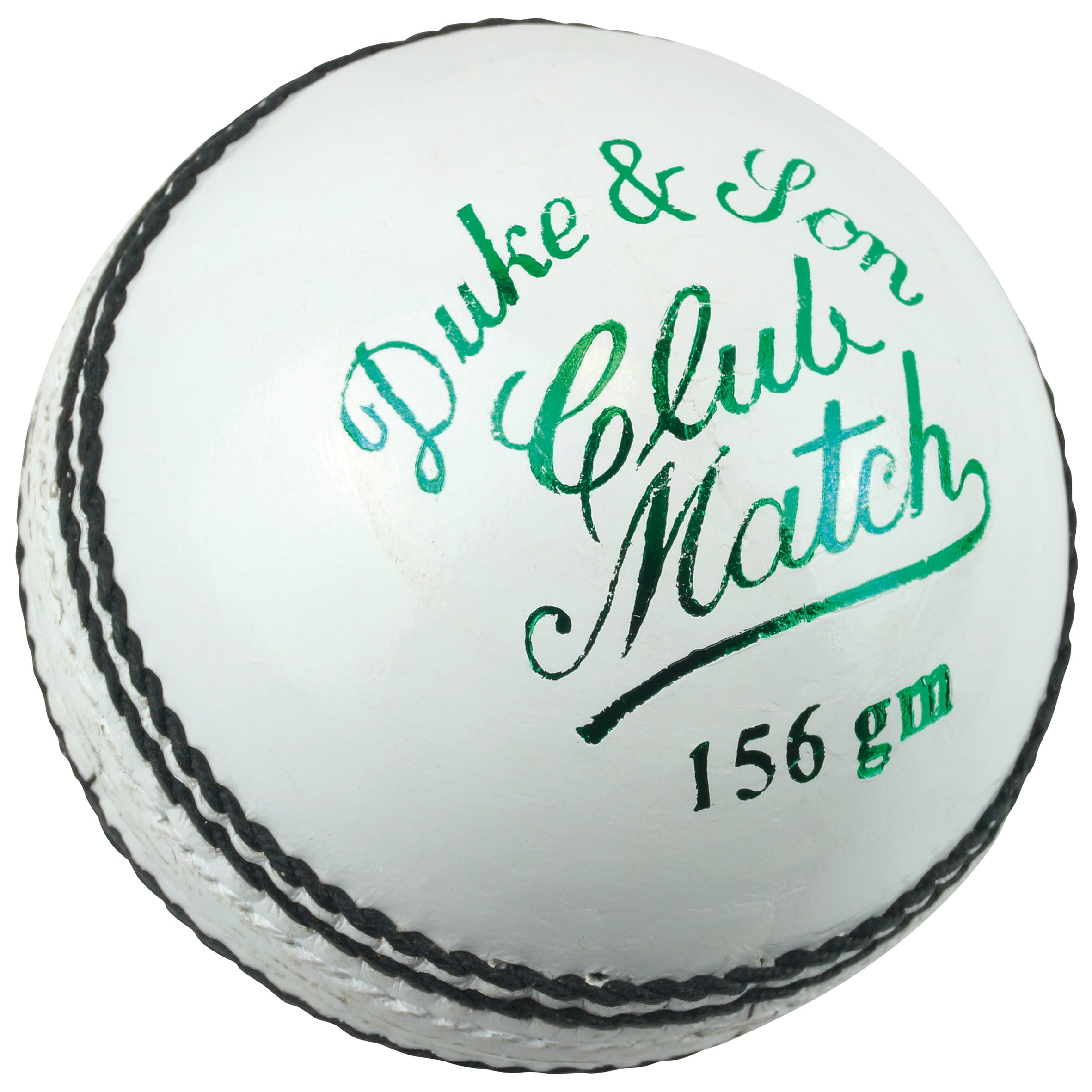 A white Dukes Club Match A Cricket Ball (Senior) with black stitching features “Duke & Son Club Match 156 gm” printed in green on the leather surface.