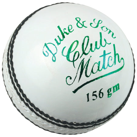 A white Dukes Club Match A Cricket Ball (Senior) with black stitching features “Duke & Son Club Match 156 gm” printed in green on the leather surface.