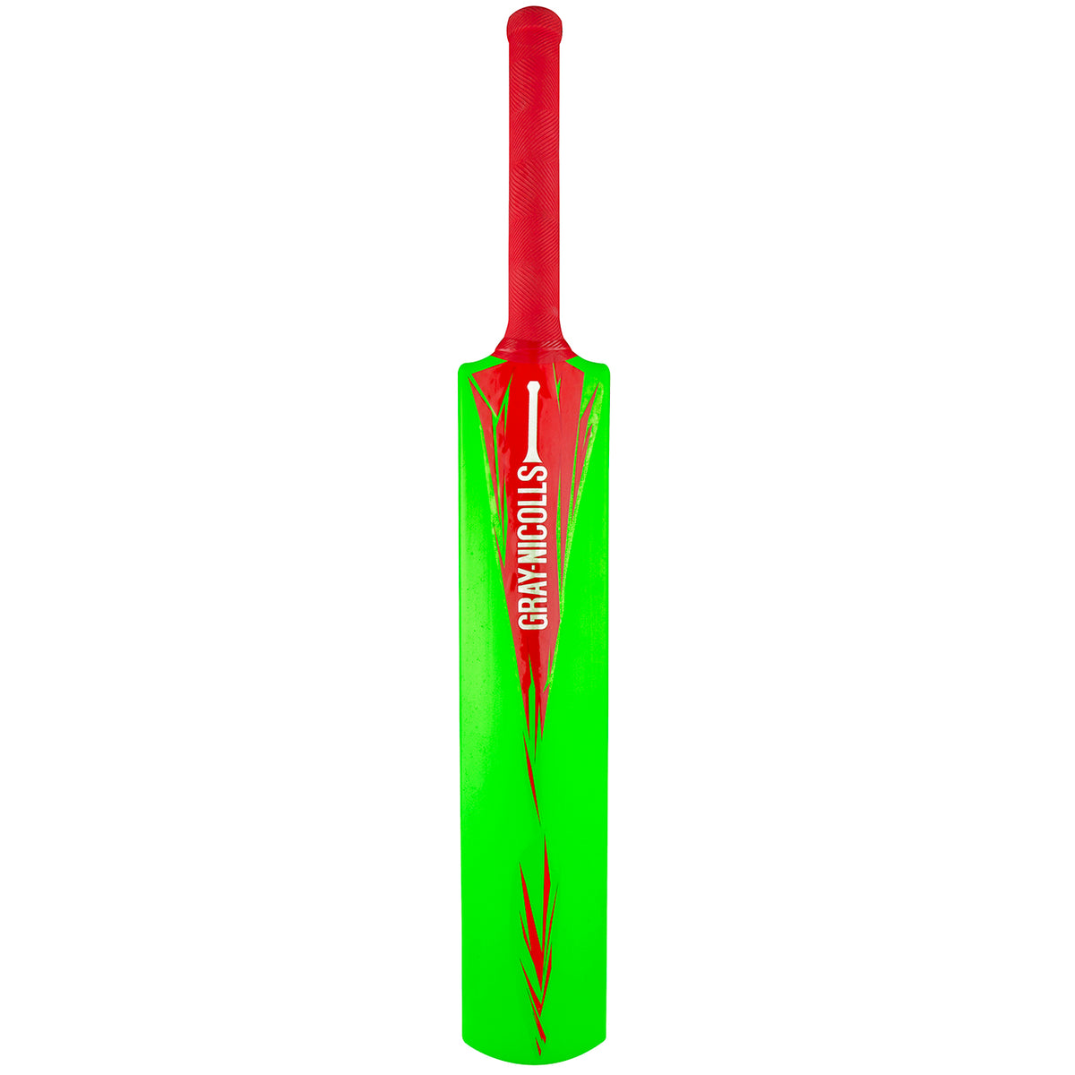 The Gray Nicolls PowerPlay Plastic Bat is a bright green kids' cricket bat with red accents and a red handle, featuring the GRAY-NICOLLS logo in white—perfect for beginners.