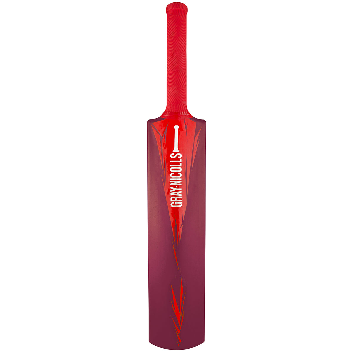 The Gray Nicolls PowerPlay Plastic Bat is a red and maroon kids’ cricket bat featuring white brand lettering and a flame design—ideal for beginners or young players.