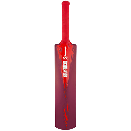 The Gray Nicolls PowerPlay Plastic Bat is a red and maroon kids’ cricket bat featuring white brand lettering and a flame design—ideal for beginners or young players.